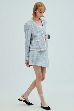 V-neck check tweed jacket_Wrap Short Set_Blue