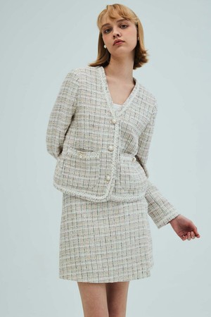 V-neck check tweed jacket_Wrap Short Set_Ivory