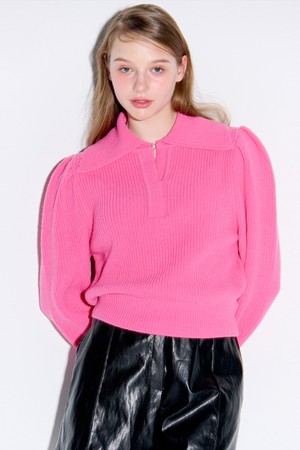 Collar neck puff knit_Pink