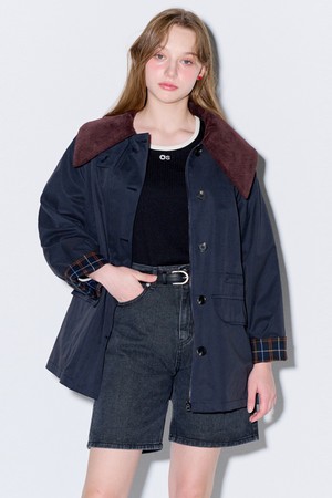 Corduroy collar half trench mac coat_Navy