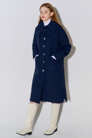 Big Collar Quilted Long Coat Navy