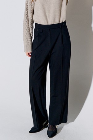 Button Point Wool Pintuck Wide Slacks Black