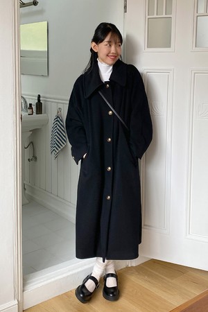 Wool Raglan Single Long Coat Black