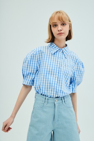 [리퍼브] Puff Short Sleeve Check Blouse_Blue