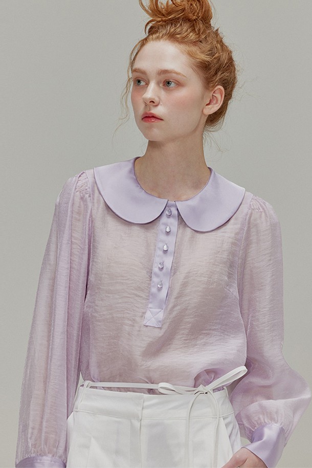 OPENING SUNSHINE - 블라우스 - Round collar see-through blouse_Lavender