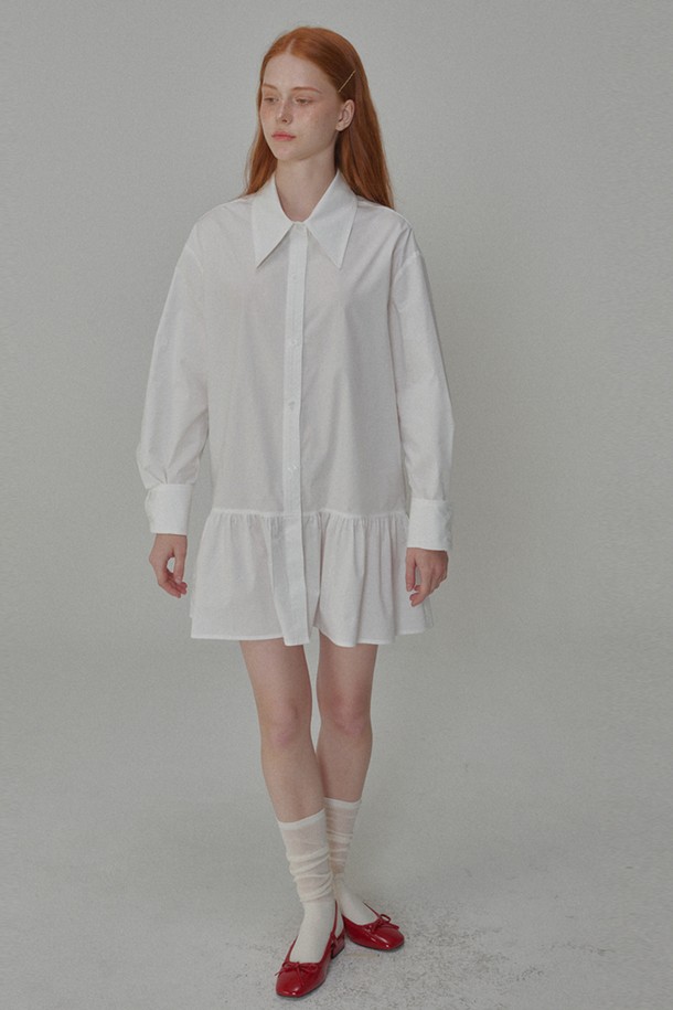 OPENING SUNSHINE - 긴소매 원피스 - Cotton shirring mini shirt dress_White