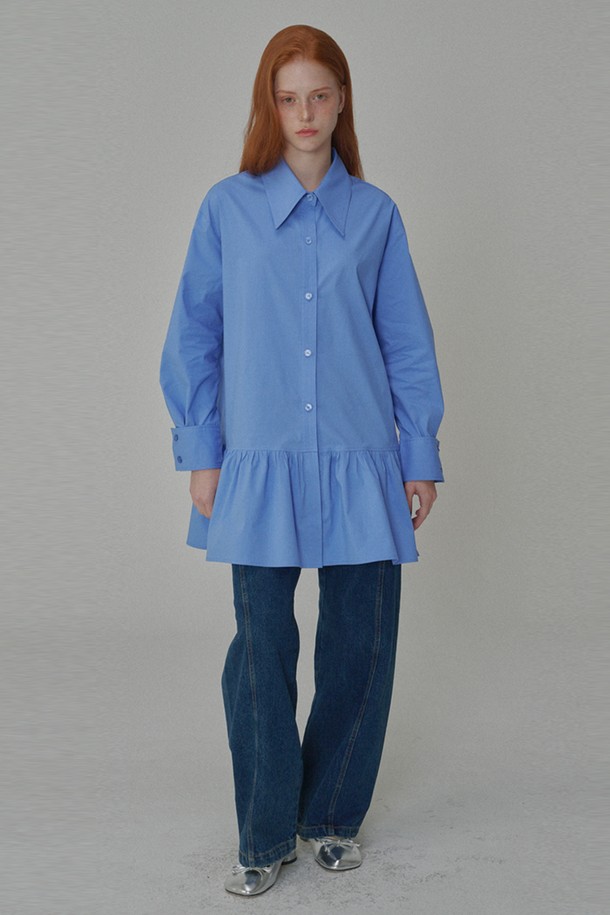 OPENING SUNSHINE - 긴소매 원피스 - Cotton shirring mini shirt dress_Blue