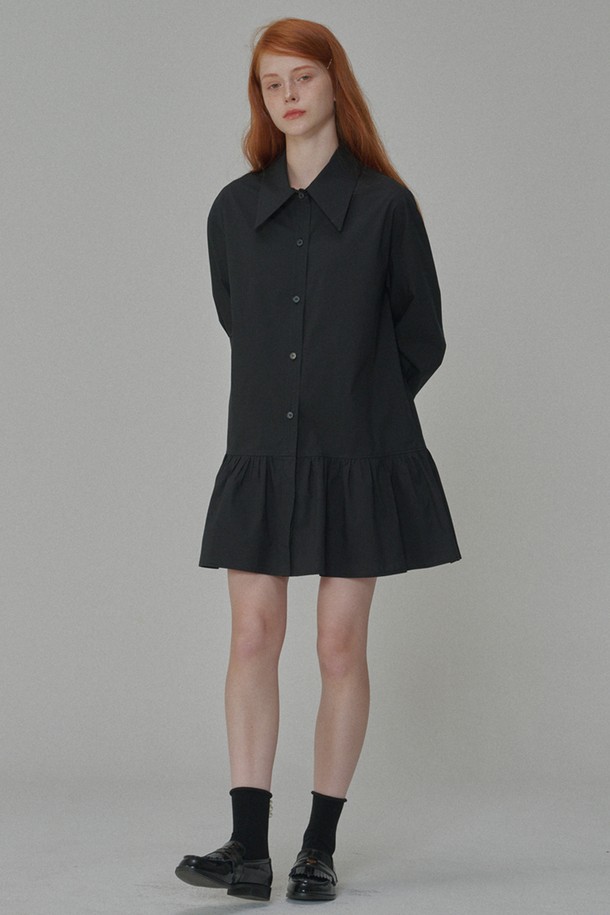 OPENING SUNSHINE - 긴소매 원피스 - Cotton shirring mini shirt dress_Black