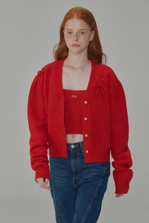 OPENING SUNSHINE - 가디건 - Mohair Ribbon Pointed Cardigan Red