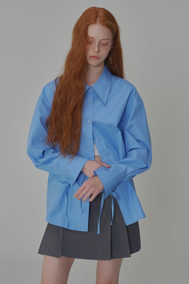 OPENING SUNSHINE - 셔츠 - Ribbon Detailed Over-fit Cotton Shirt_Blue