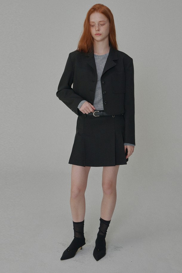 OPENING SUNSHINE - 미니스커트 - Set_Classic Tailored Short Jacket+Pleated Mini Skirt_Black