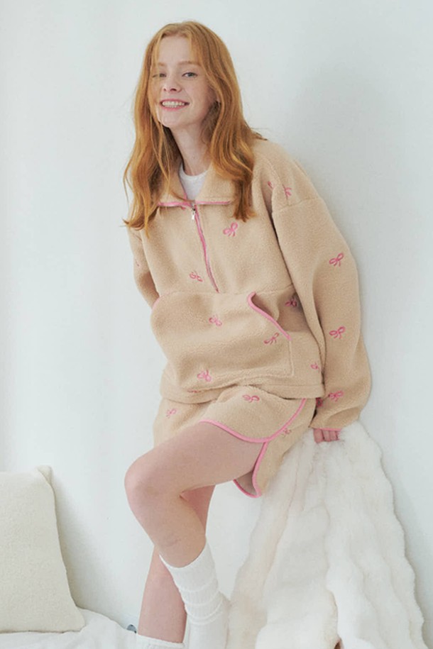 OPENING SUNSHINE - 긴소매 티셔츠 - Set_Ribbon Pointed Fleece Anorak +Short-pants_Beige