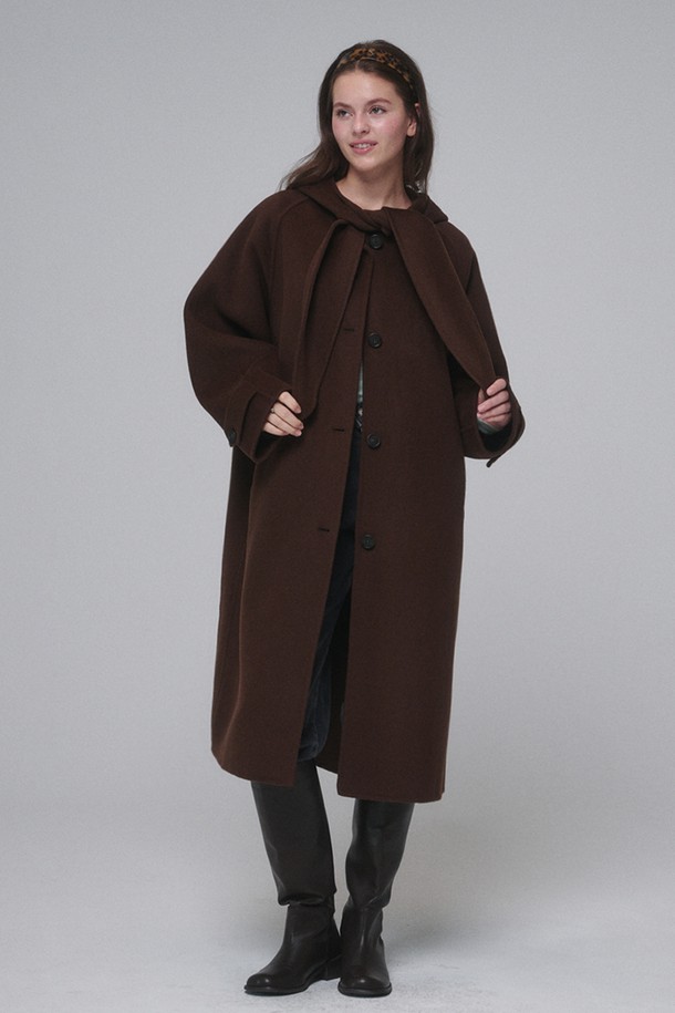 OPENING SUNSHINE - 코트 - Hooded muffler handmade long coat_Chocolate Brown