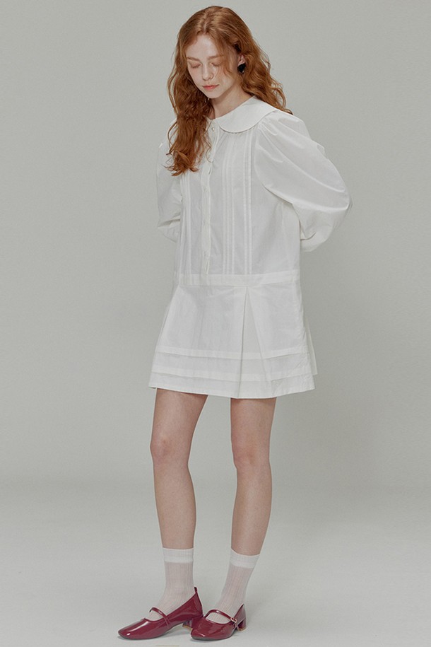 OPENING SUNSHINE - 긴소매 원피스 - [리퍼브]Round collar pin tuck cotton mini dress_White