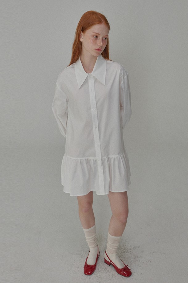 OPENING SUNSHINE - 긴소매 원피스 - Cotton shirring mini shirt dress_White