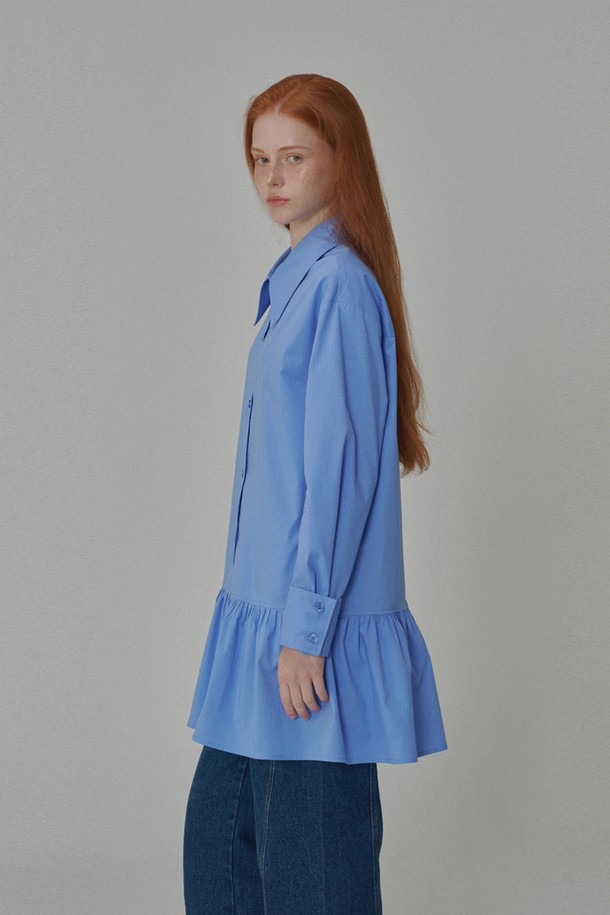 OPENING SUNSHINE - 긴소매 원피스 - Cotton shirring mini shirt dress_Blue