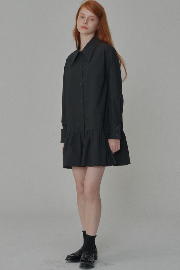 OPENING SUNSHINE - 긴소매 원피스 - Cotton shirring mini shirt dress_Black