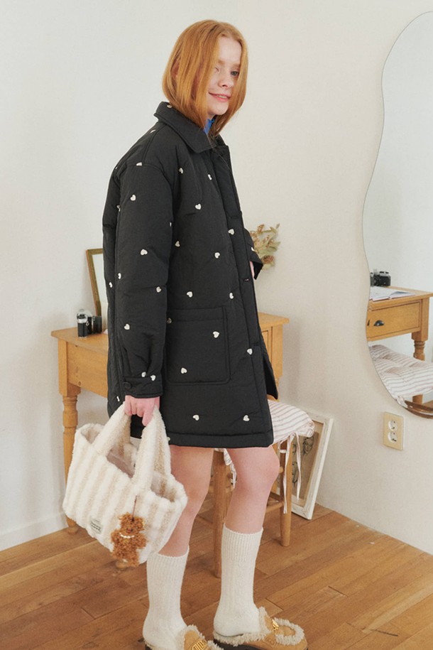 OPENING SUNSHINE - 패딩 - Heart-patterned Padding Half Coat_Black