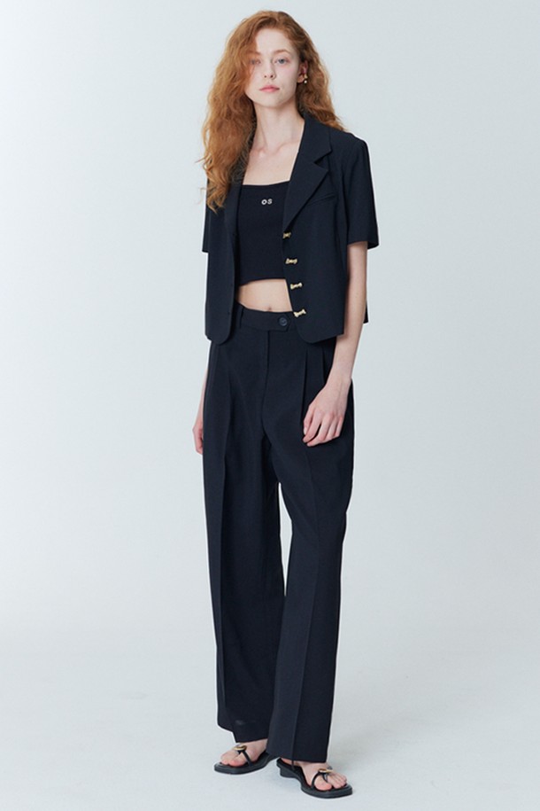 OPENING SUNSHINE - 롱/미디팬츠 - SET_Ribbon button crop jacket_two tuck pants_black