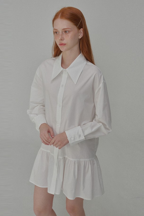 OPENING SUNSHINE - 긴소매 원피스 - Cotton shirring mini shirt dress_White