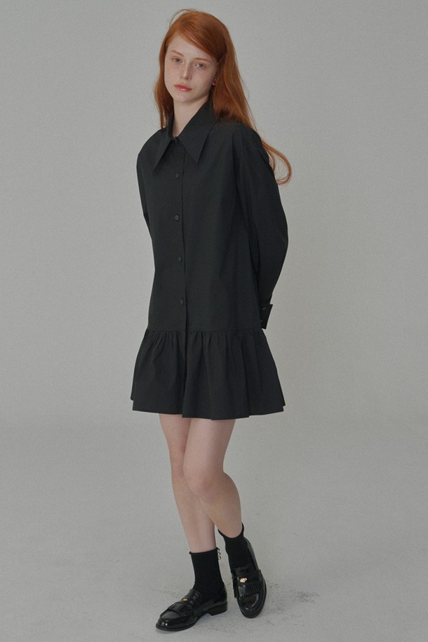 OPENING SUNSHINE - 긴소매 원피스 - Cotton shirring mini shirt dress_Black