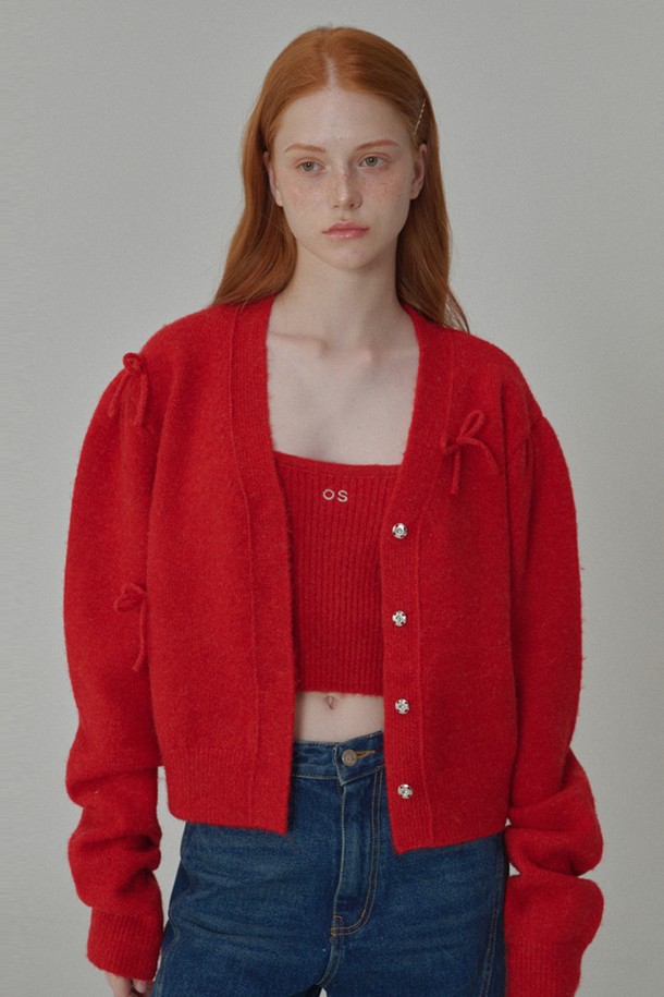 OPENING SUNSHINE - 가디건 - Mohair Ribbon Pointed Cardigan Red