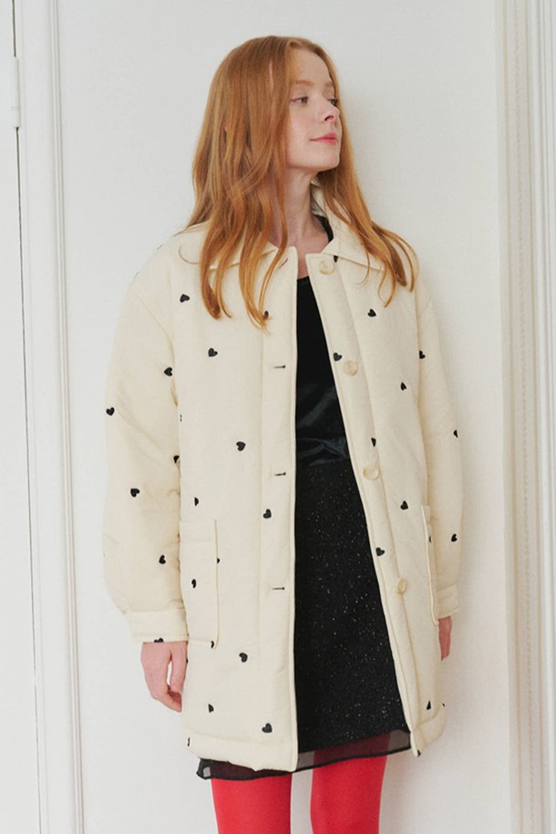 OPENING SUNSHINE - 패딩 - Heart-patterned Padding Half Coat_Cream