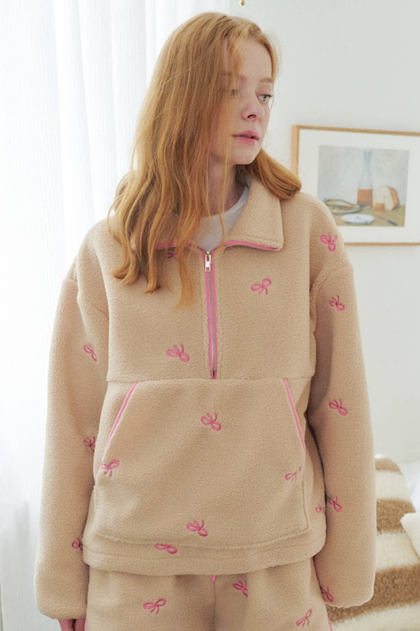 OPENING SUNSHINE - 긴소매 티셔츠 - Set_Ribbon Pointed Fleece Anorak +Short-pants_Beige