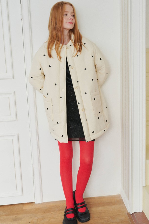 OPENING SUNSHINE - 패딩 - Heart-patterned Padding Half Coat_Cream