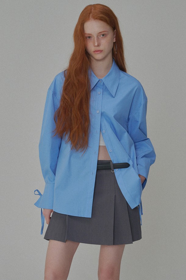 OPENING SUNSHINE - 셔츠 - Ribbon Detailed Over-fit Cotton Shirt_Blue