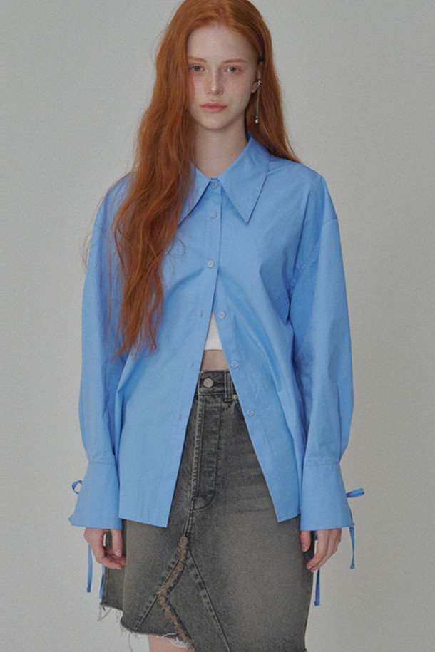 OPENING SUNSHINE - 셔츠 - Ribbon Detailed Over-fit Cotton Shirt_Blue