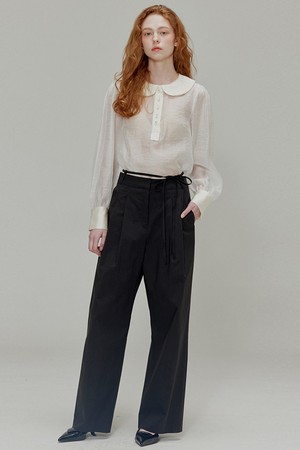 Ribbon cotton two-tuck wide pants_Black