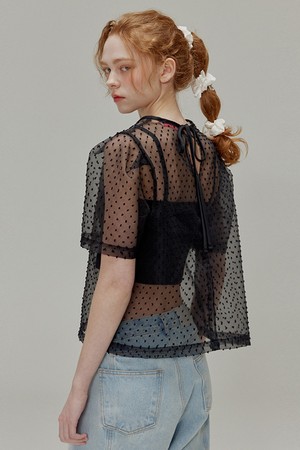 Popcorn see-through ribbon top set_Black