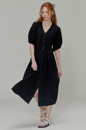 Linen Pleated Dress_Black