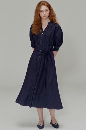 Open collar shirring detail shirt dress_Navy