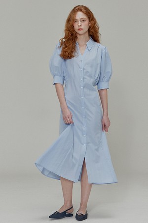 Open collar shirring detail shirt dress_Blue