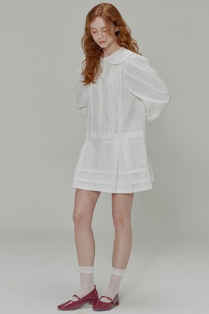 Round collar pin tuck cotton mini dress_White