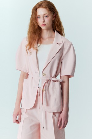 Volume sleeve linen belted jacket_Pink