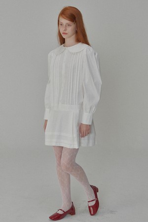 Round Collar Pin-tuck Mini Dress_White