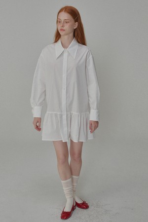 Cotton shirring mini shirt dress_White