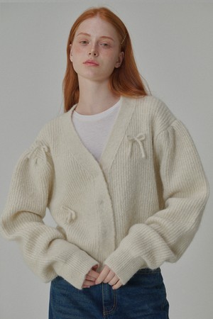 Mohair Ribbon Pointed Cardigan Cream