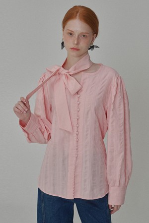 Puff Sleeve Tie Cotton Blouse_Pink