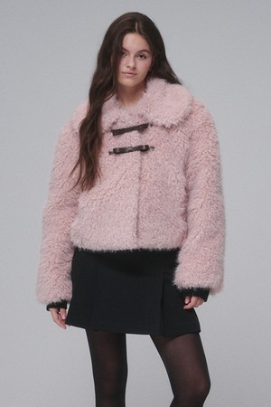 Ribbon buckle shearling fur jacket_Pink