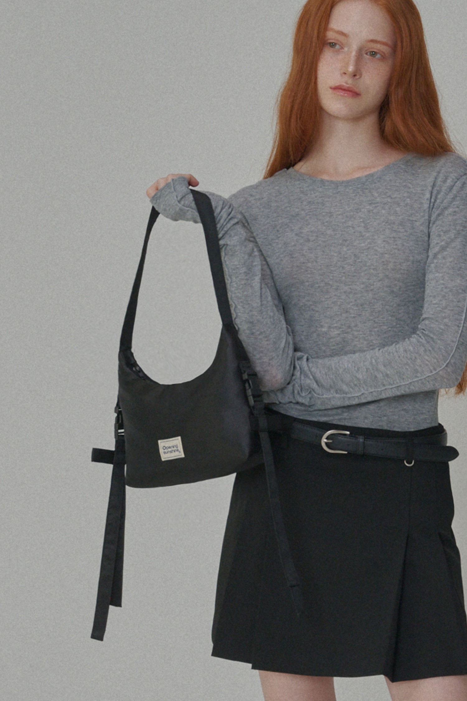 OPENING SUNSHINE] Side Detailed Ribbon Hobo Bag_Black