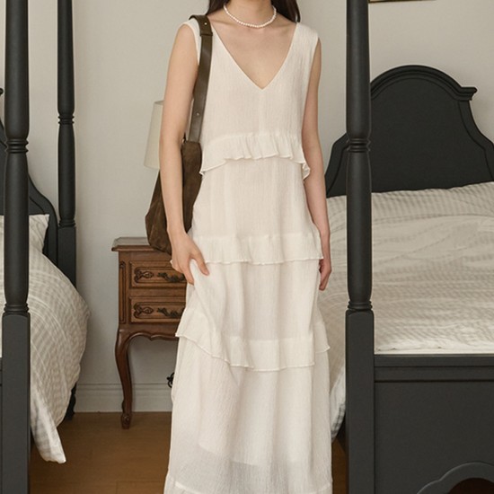 Sleeveless Ruffle Tiered Long Dress_White