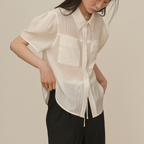 Organza Puff Sleeve Pocket Blouse_White