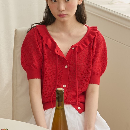 Ruffle Collar Cropped Knit Cardigan_Red