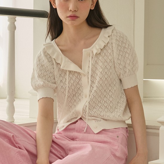 Ruffle Collar Cropped Knit Cardigan_White