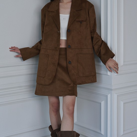 SET_Suede Overfit 3-button Jacket+Pocket Mini Skirt_Camel
