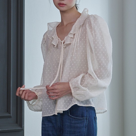 Ruffled See-through Dot Blouse_Ivory
